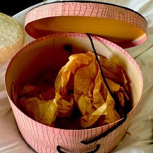Vintage hat box-  pink with black trio-  alligator design.